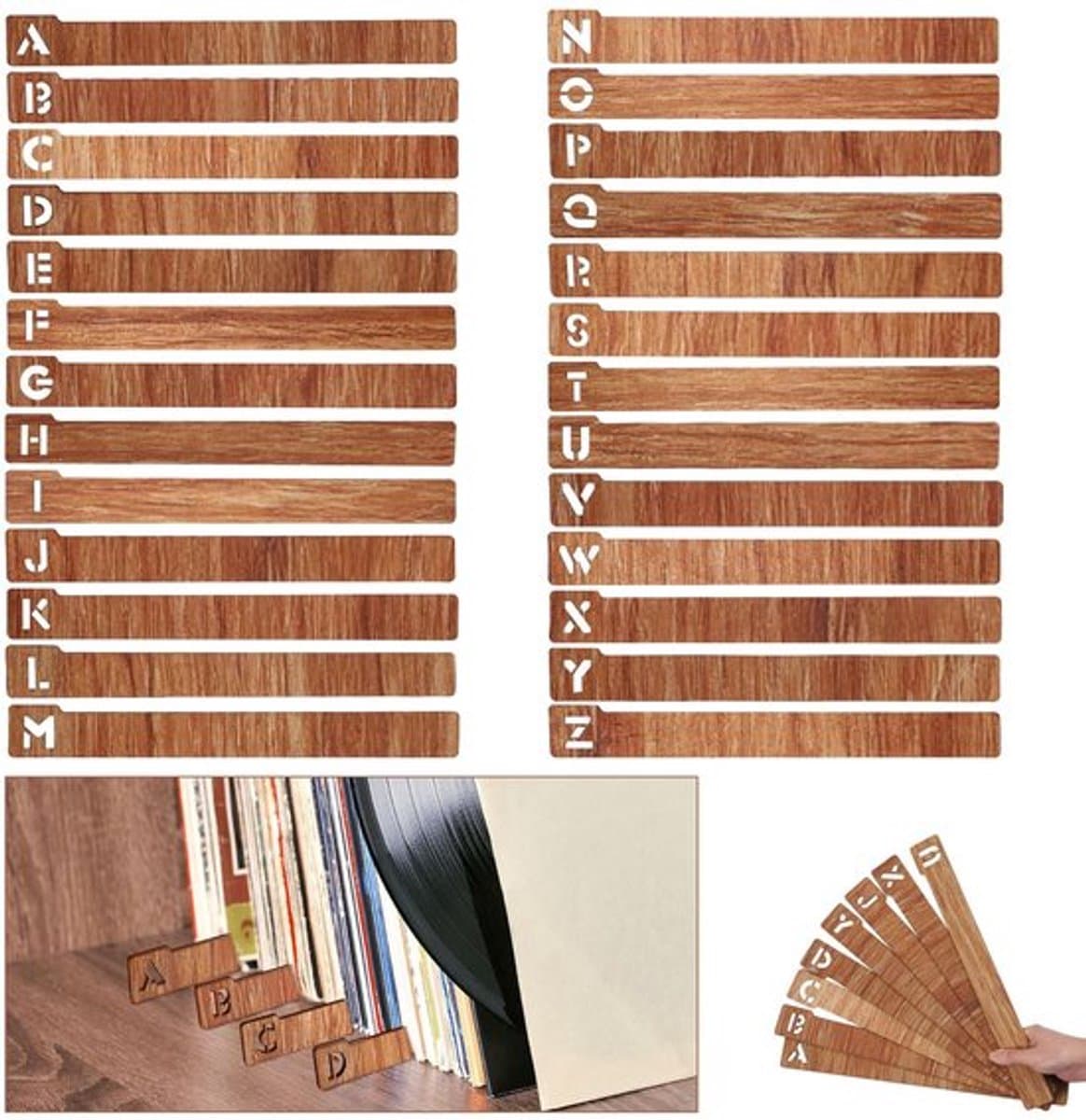 Vinyl Record Dividers 26 Stuks - Houten Organizer - A-Z Alfabetische Verdelers - 35 cm Lengte - Bruin - Premium Materiaal - Platenverdelers