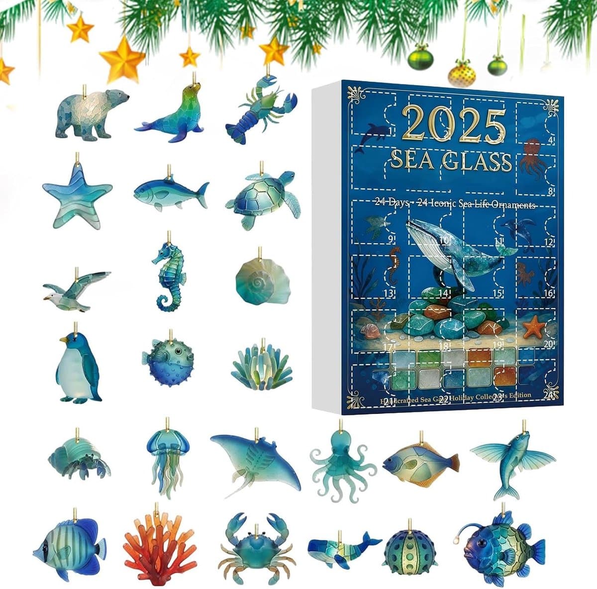 Kerstkalender Ornamenten - 2D Acryl - Feestelijke Decoratie - Aftellen 24 Dagen - 26 x 18 cm - Zeethema
