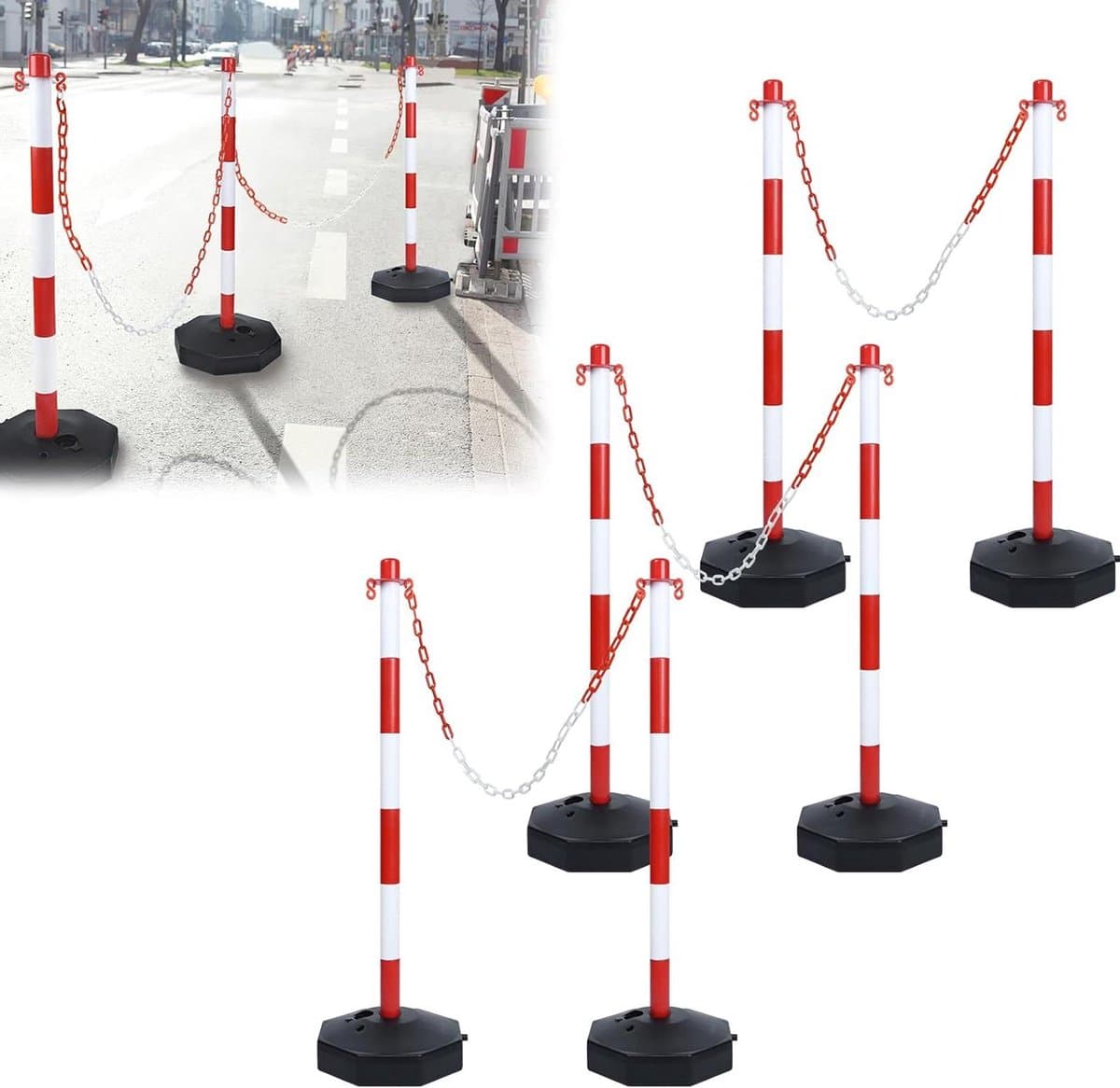 Afsluitpalen met Ketting - Kettingpalen Kunststof - Gebied Afzetten - Vulbaar met Zand - 6 Stuks 82cm - Wit Rood