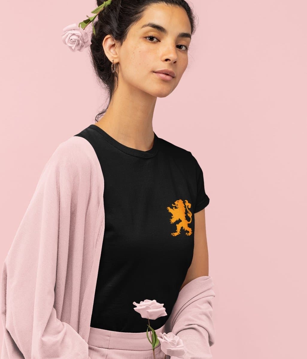 Zwart EK WK Koningsdag T-shirt - MAAT S - Dames Pasvorm - Lion Chest Oranje