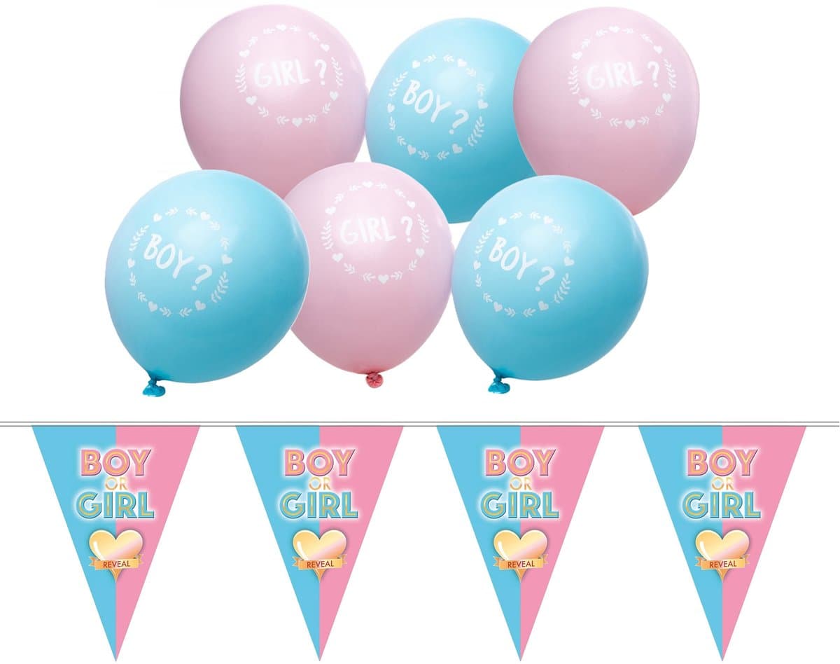 Funny Fashion Gender reveal babyshower thema vlaggetjes slinger - 5 meter - en 12x ballonnen - versiering