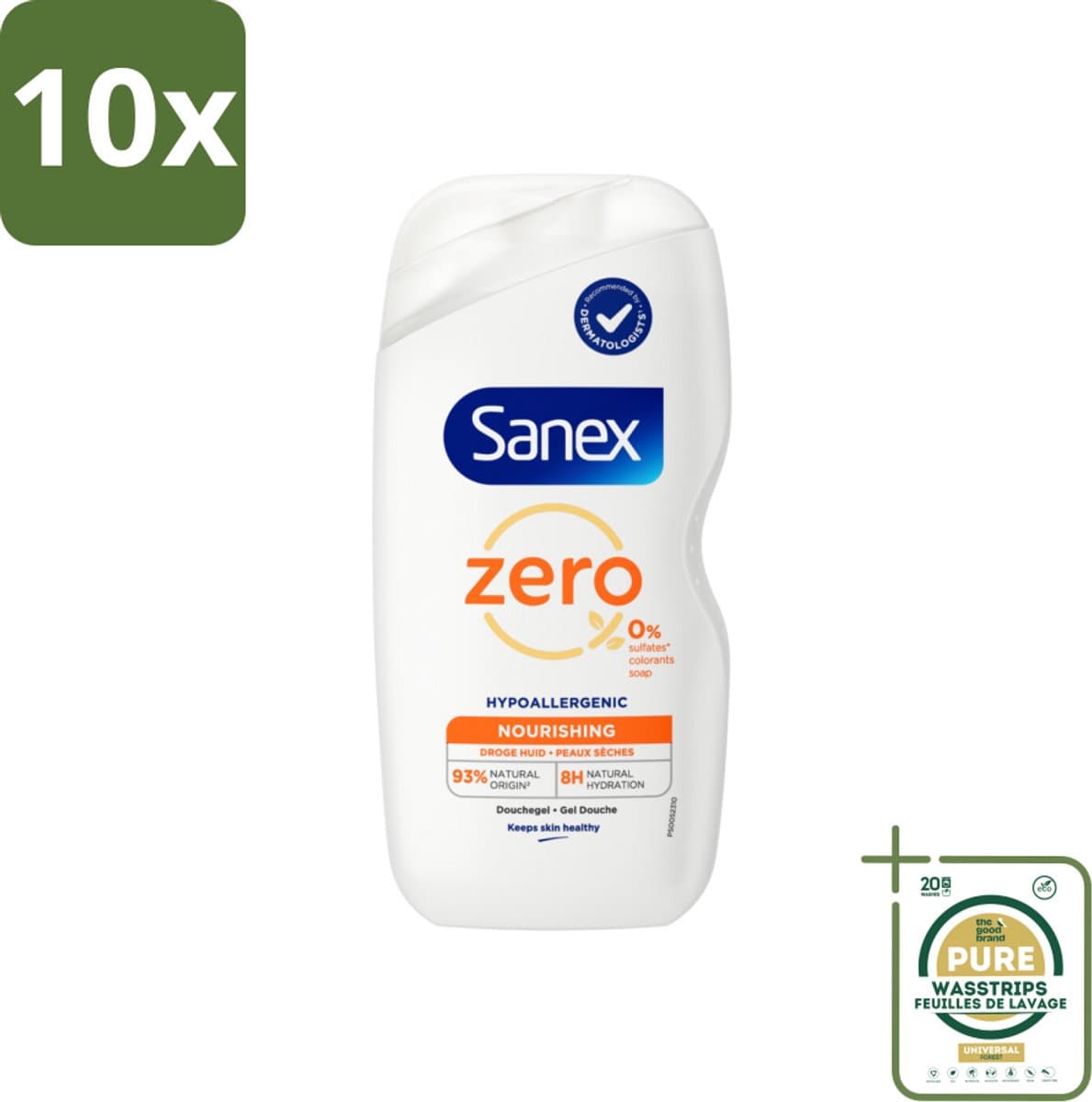 10 x Sanex Zero% - Douchegel - Verzorgend - Natuurlijke Ingrediënten - Droge Huid - 400 ml - Grootverpakking - Douchegel - Droge Huid - Natuurlijke Ingrediënten - Hydraterende Douchegel - Sanex Zero%