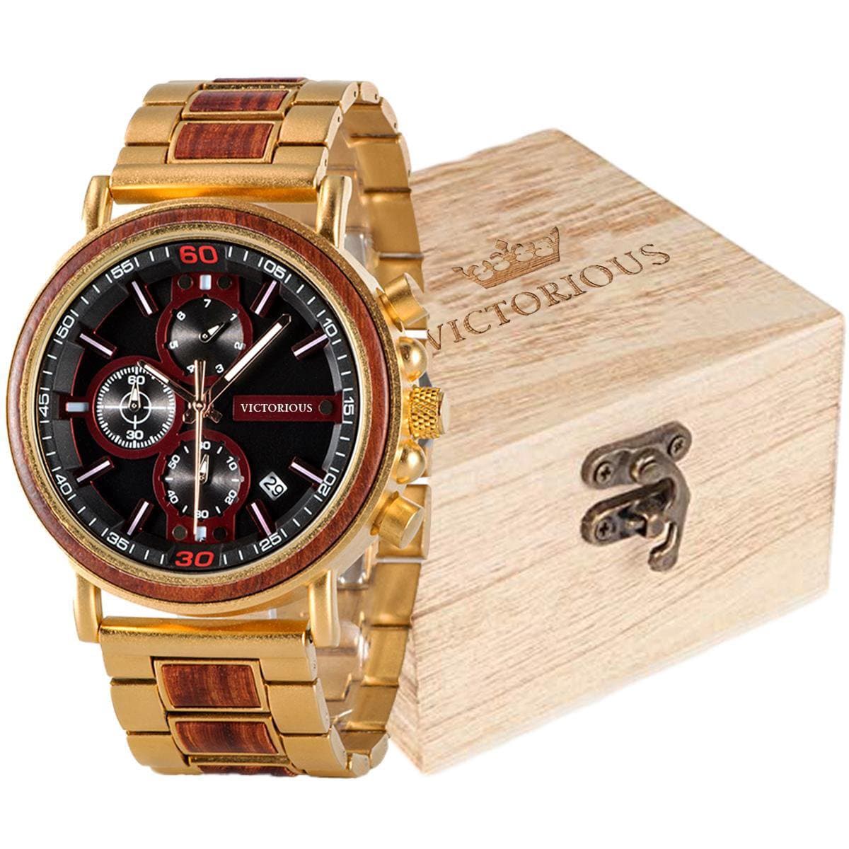 Victorious Donkerbruin Walnoothout Met Goud Staal Heren Horloge - Wood Collections – Ø44mm