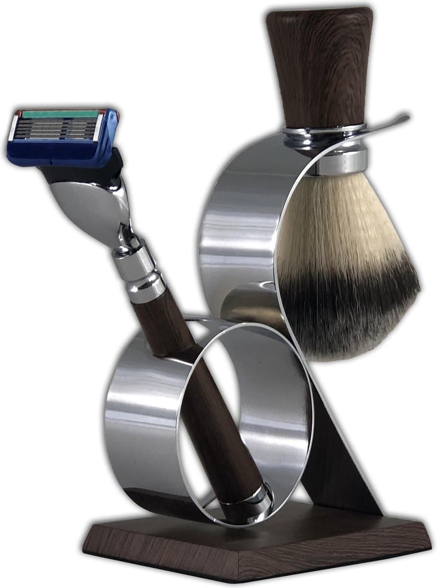 Luxe Fusion mach 5 met trimfunctie Scheerset Hout Synthetische scheerkwast