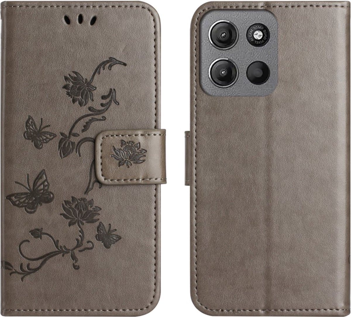 Coverup Hoesje - Geschikt voor Motorola Moto G15 / G15 Power Hoesje - Coverup Bloemen & Vlinders Book Case - Taupe Grijs