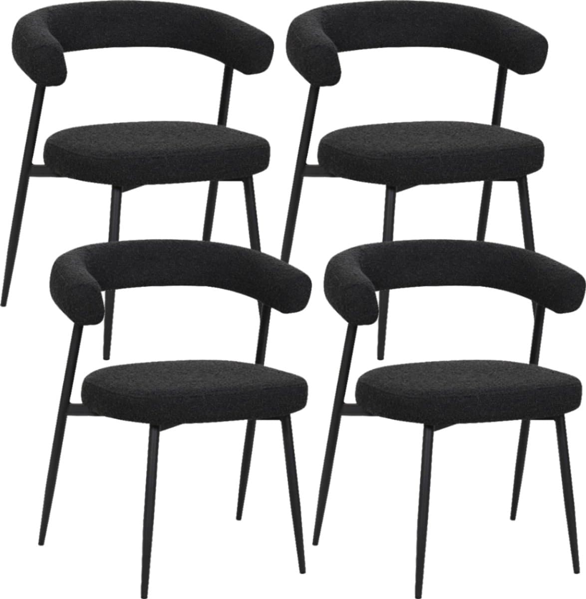 BukkitBow – Eetkamerstoel / Keukenstoel - Geschikt als Make-up Stoel - Chenille Stof & Metalen Onderstel - Open Design - Zwart - 4 Stuks