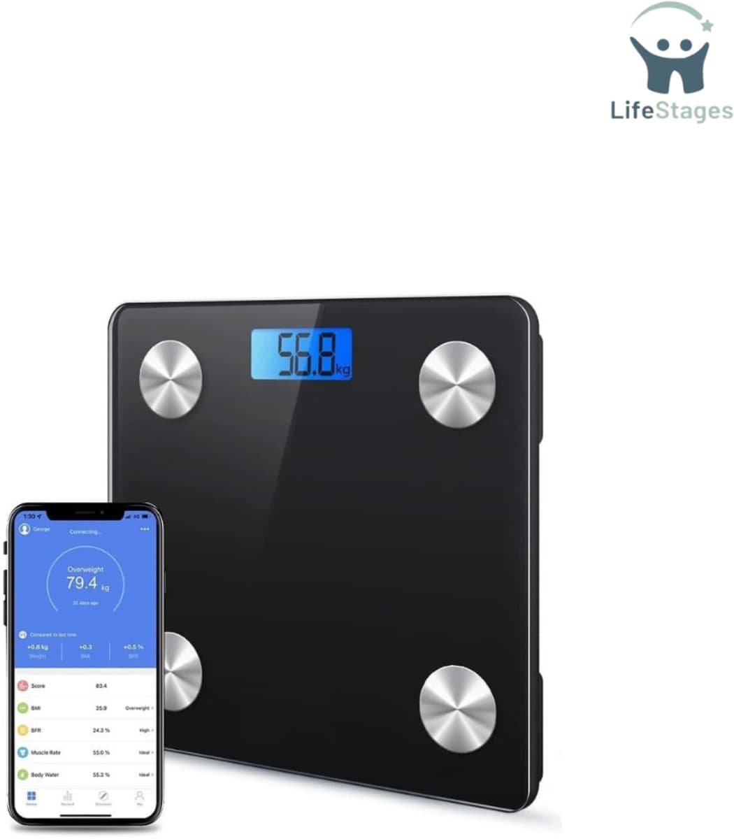 LifeStages - Digitale Weegschaal Personen - Bluetooth Lichaamsvetweegschaal - Digitale Personenweegschaal - Draadloze Body Composition Monitor Voor Lichaamsvet, BMI, Water, Spiermassa