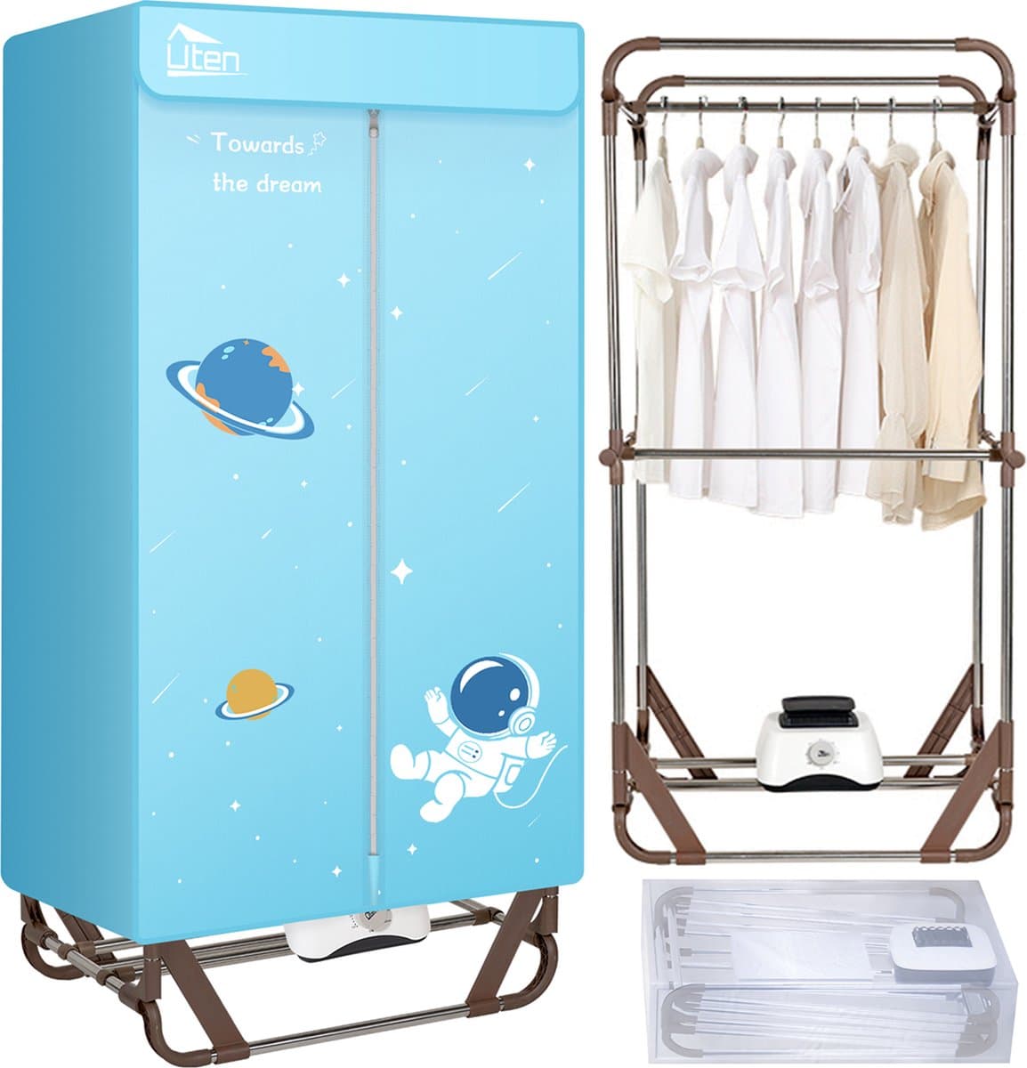 Uten Draagbare elektrische droger Gr886 - 2 lagen droog Design - Warmtepompdroger - 1500 W - Timer 0-180 Min - Elektrisch Droogrek met Verwarming - Wasdroger - Tot 15kg wasgoed - Als wasdroger, droogrek en Kledingkast- Hoogte 1.4 M - lichtblauw