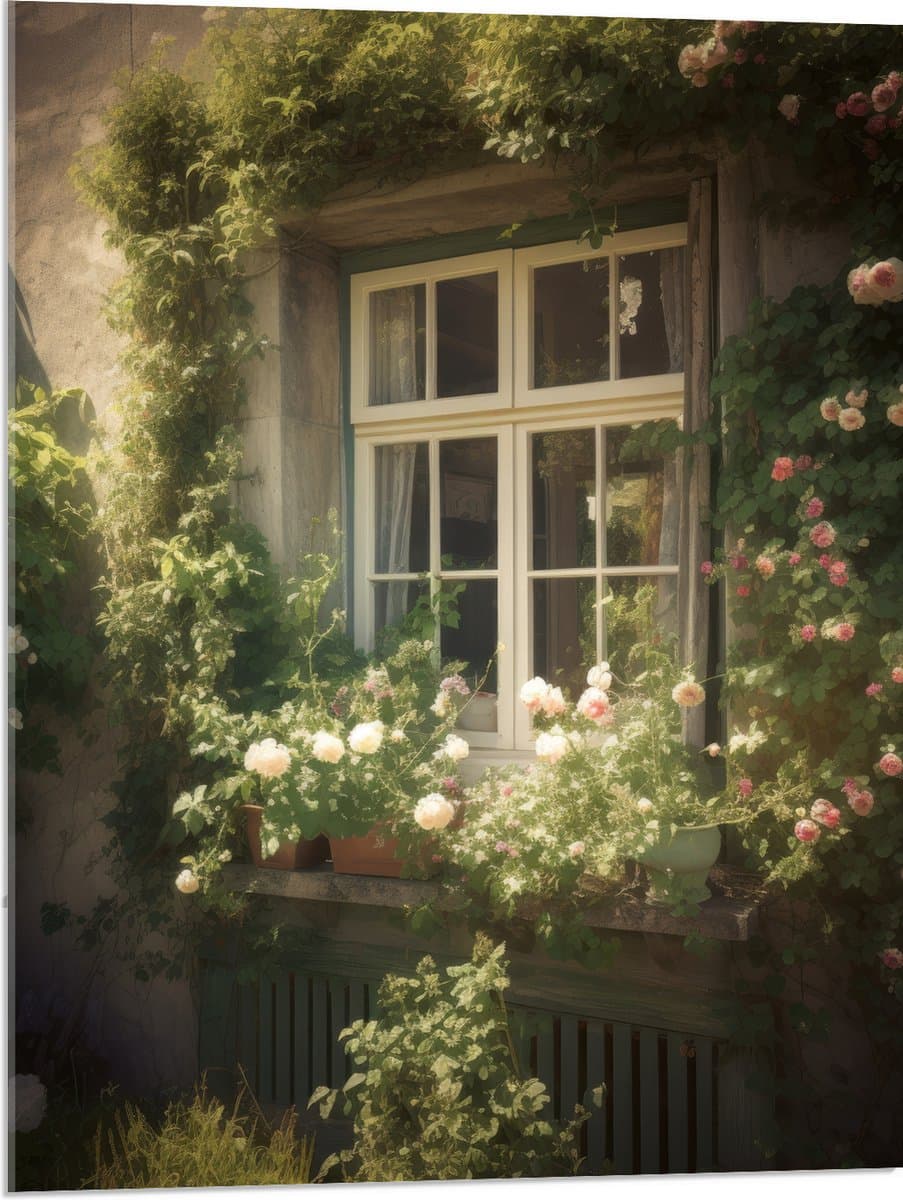 Acrylglas - Raam - Bloemen - Planten - Tuin - 60x80 cm Foto op Acrylglas (Wanddecoratie op Acrylaat)