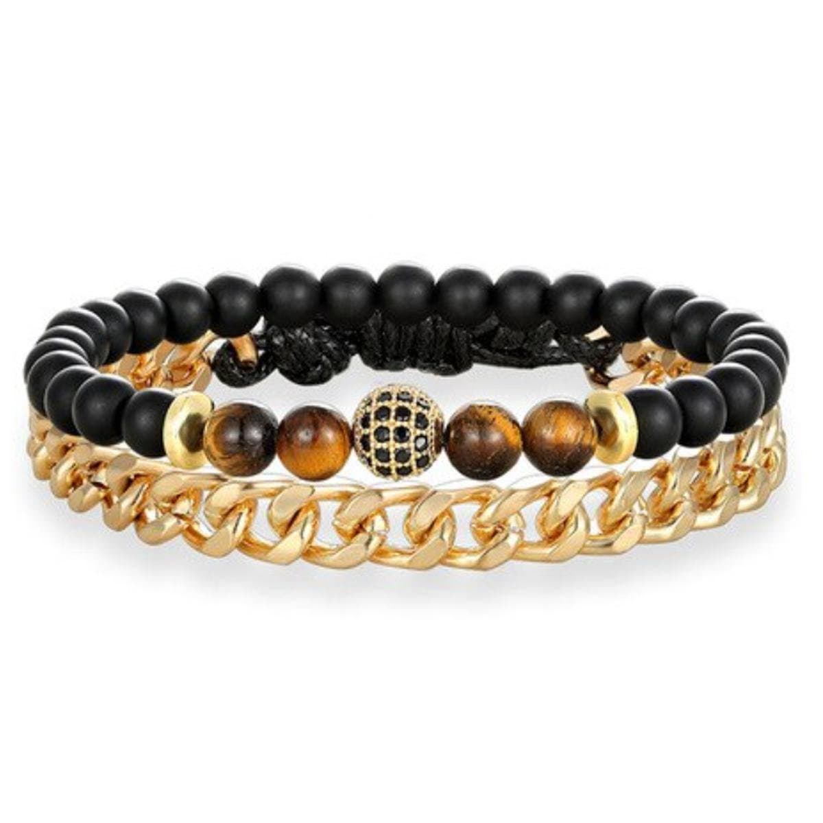 Victorious Set Armbanden Heren – Natuurstenen/RVS Roestvrij Staal – Zwart/Goud/Bruin – 17.5cm