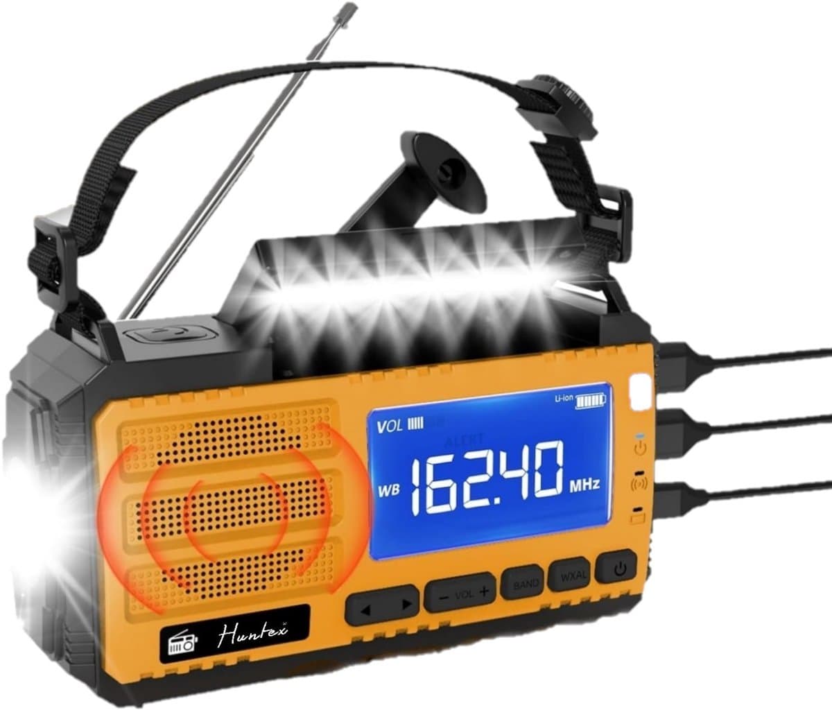 Huntex Noodradio Solar Opwindbaar en Batterij - 10.000 mAh Powerbank - Draagbare AM/FM Radio - LED Zaklamp & SOS Alarm - Waterbestendig - Survival Radio met Kompas - Oranje