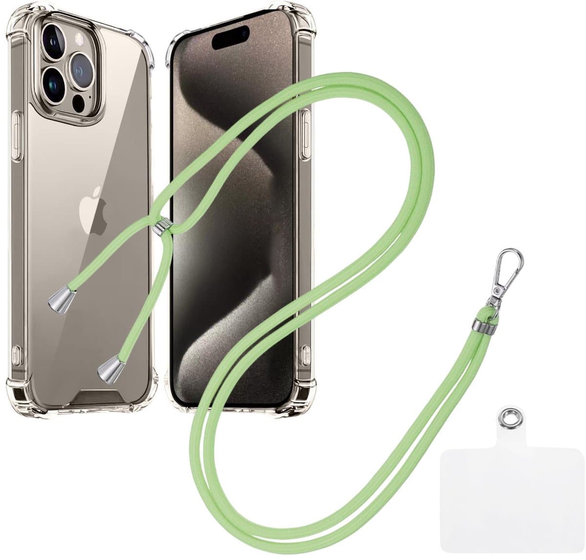 Shock Proof Case Hoes Geschikt voor iPhone 15 Pro Hoesje Transparant Met universele Telefoonkoord groen - Cover - Nek Hanger - Koord Hoes