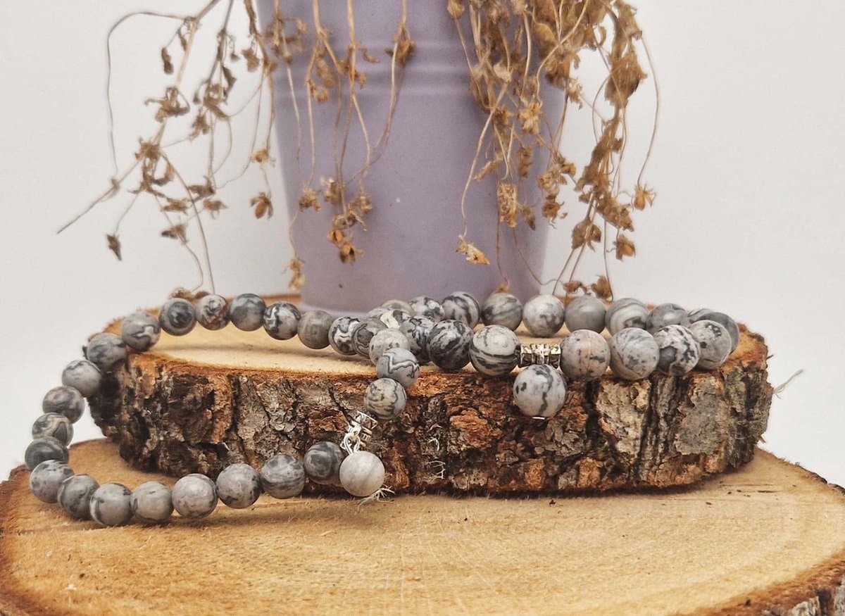 Handgemaakte Fatema natuursteen armband met natuursteen hanger " Map Jaspe" -10 mm diameter van de korrel- Diameter armband 20 cm - Een mooi cadeau voor familie en vrienden