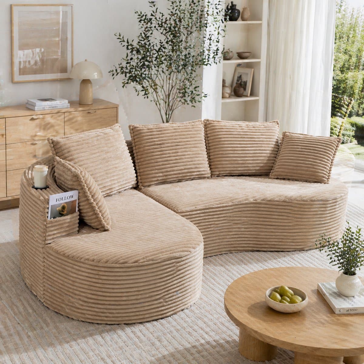 3-Zitsbank, L-Bank, Zachte, Ademende Corduroy Bank met Bekerhouder en Opbergvak, Hoogwaardig Schuim voor Comfortabel Zitten, Inclusief Kussens – Samengeperst en Klaar voor Gebruik, Perfect voor Elke Woonkamer-Khaki