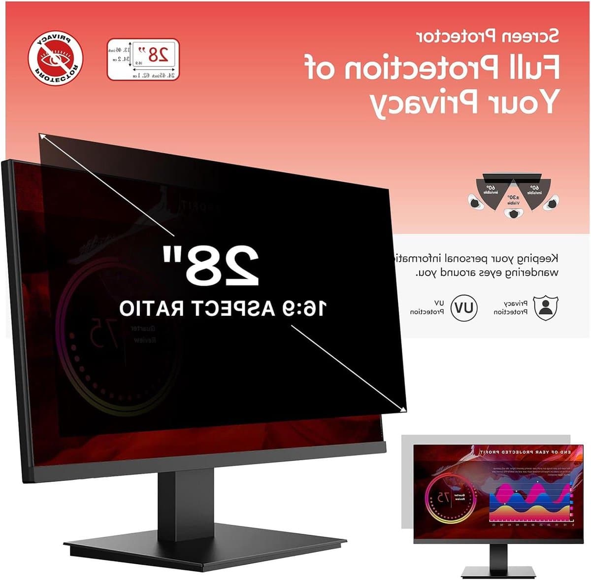 Monitor Privacy Screen - Privacyfilter Scherm - Bescherming Privacy - Verwijderbaar - 28 inch - Mat