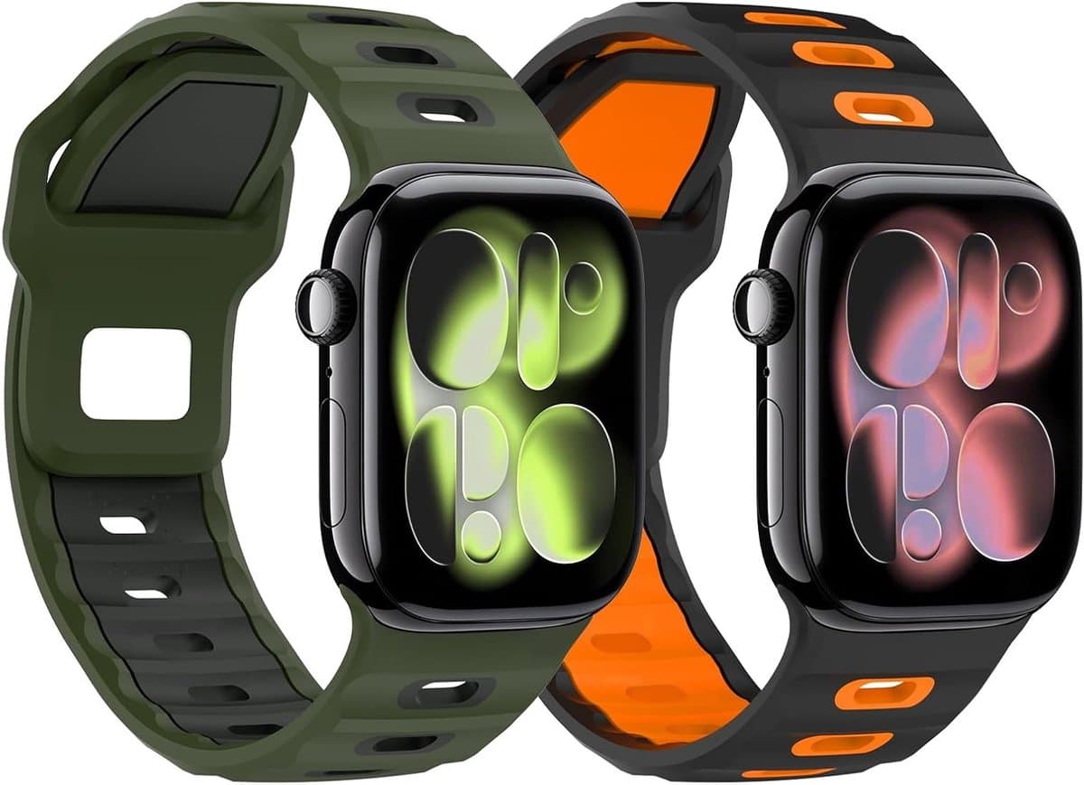 Set van 2 Horlogebanden Geschikt voor Apple Watch Ultra 2/Ultra 49mm, S10 46mm, 9/8/7, 45mm, SE2/SE/6/5/4 44mm, 3/2/1 42mm, Verkrijgbaar in Zwart, Oranje en Lichtgroen