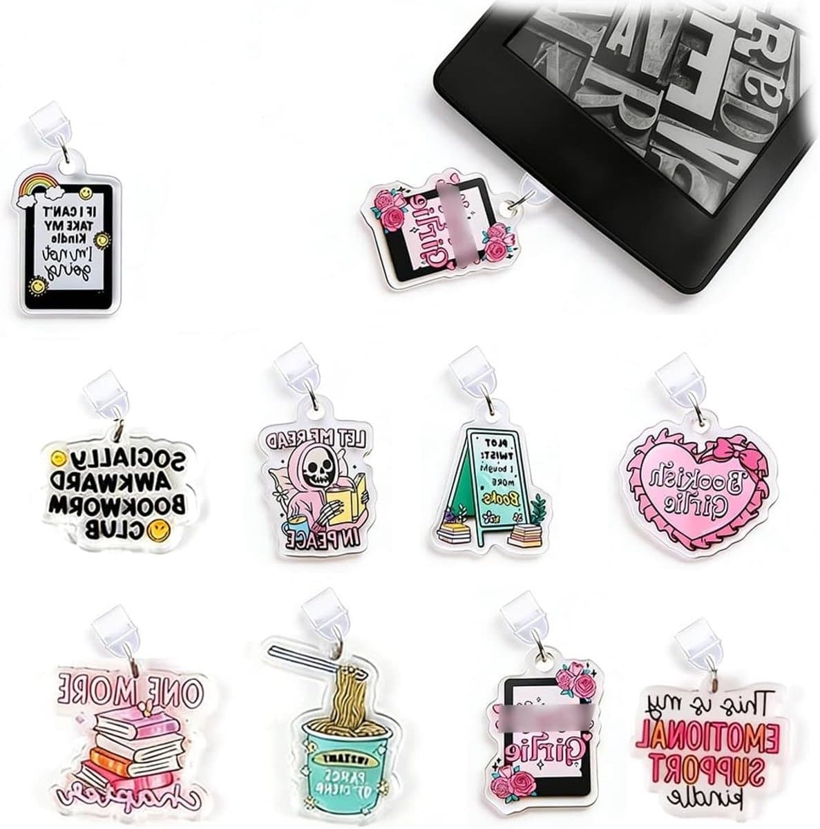 Stijlvolle en Grappige 9-Delige Stofplug Hanger Set, USB-C Stofbescherming, Perfect Cadeau voor Lezers en Vrouwen, Geschikt voor Kindle, Telefoons en Tablets