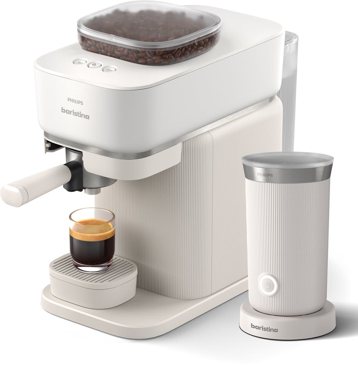Philips Baristina + Melkopschuimer Bundel - BAR308/00 - Semi-Automatische Espressomachine - Pistonmachine - Koffiemachine met bonen - 2026 Editie - Wit