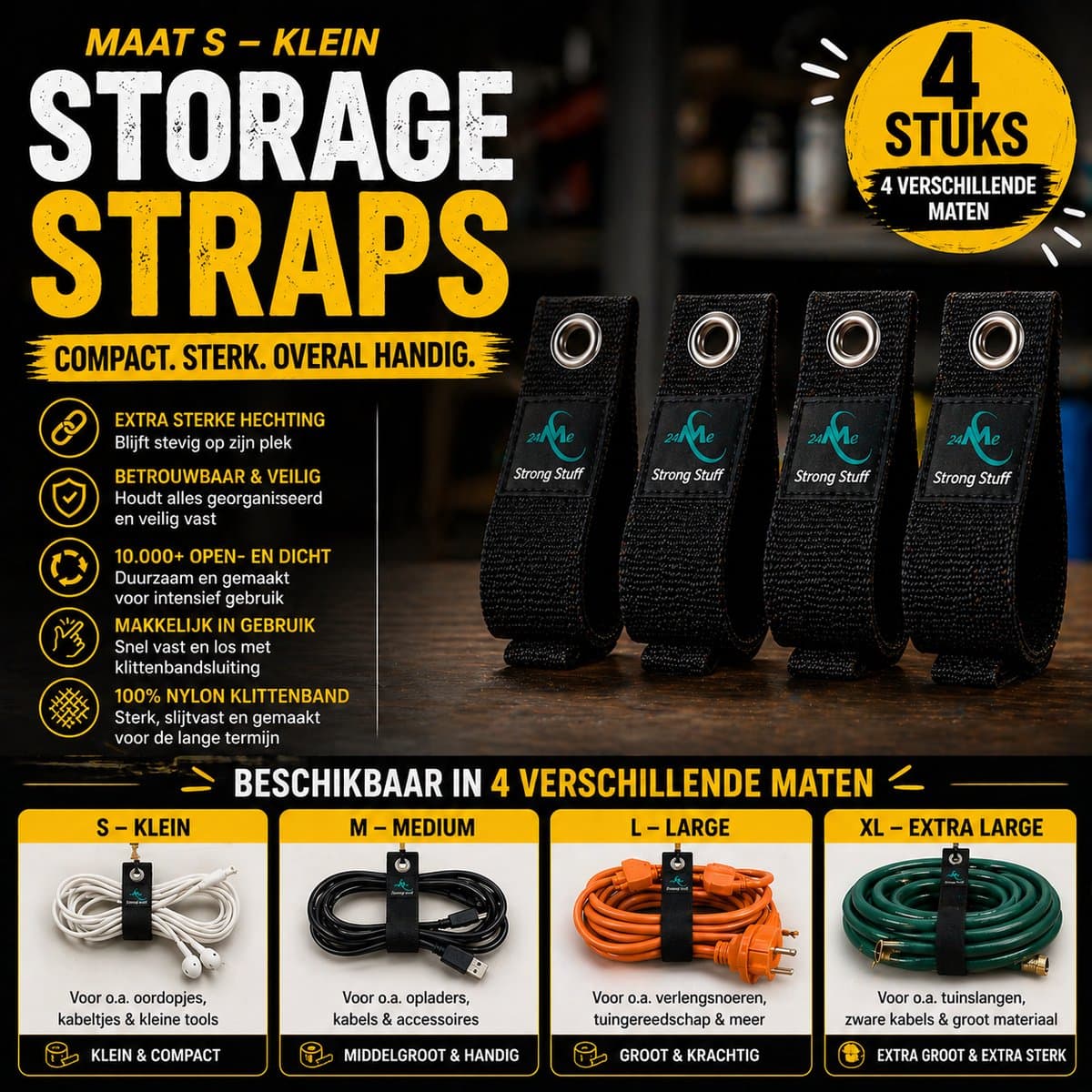 24ME® 4x Heavy Duty Storage Straps - Maat S - Klittenband Binders met Ring - Ultra Strong Velcro - Organizers - Slijtvast
