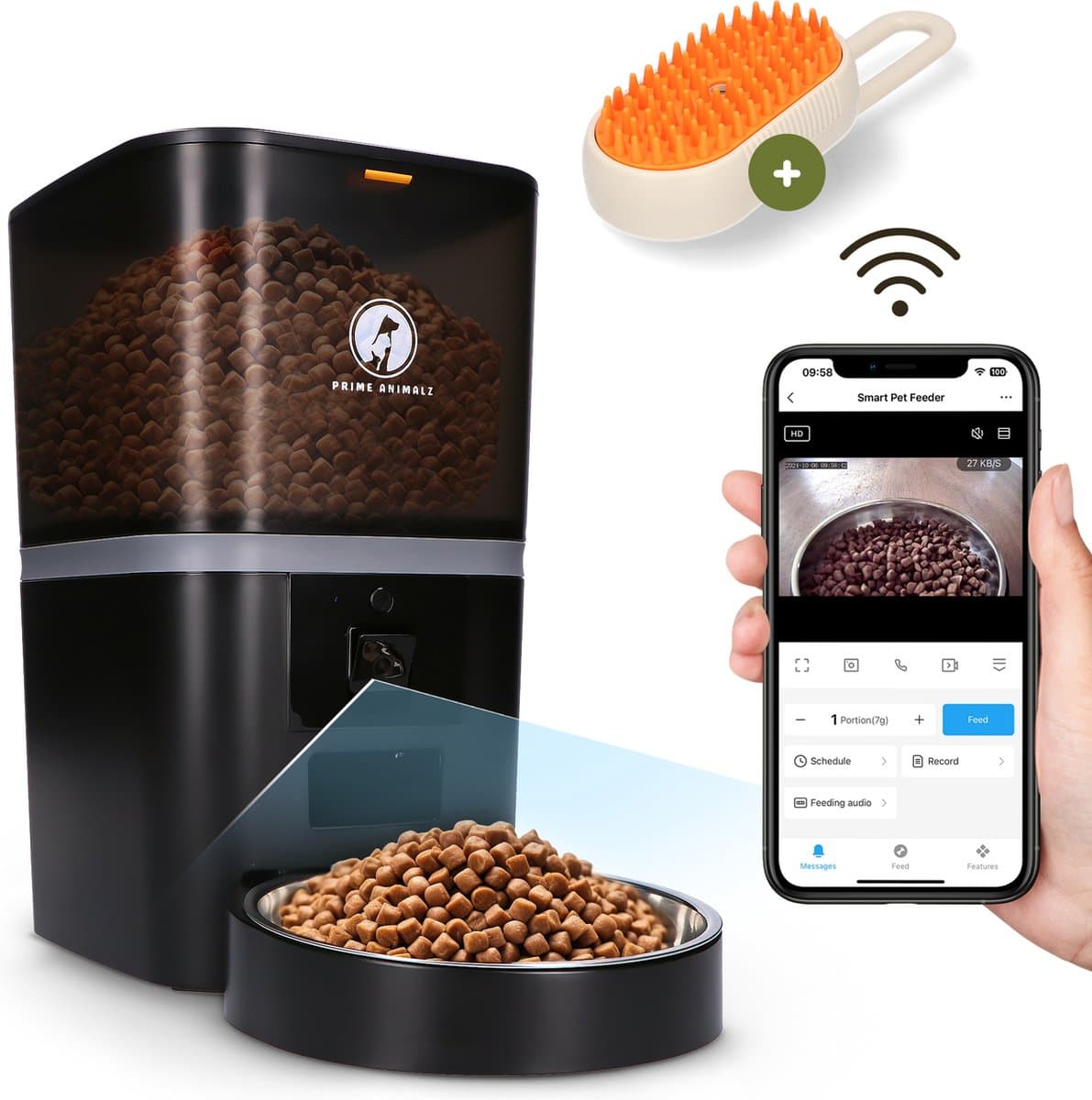 Automatische Voerbak Kat en Hond 6L met Stoomborstel – Voerautomaat met Camera – Full HD 1080P Night Vision – Two-Way Audio – Enkele Voerbak – App-bediening – Voerschema Instellen – Kattenvoerbak Automatisch – Smart Pet Feeder – Prime AnimalZ – Zwart