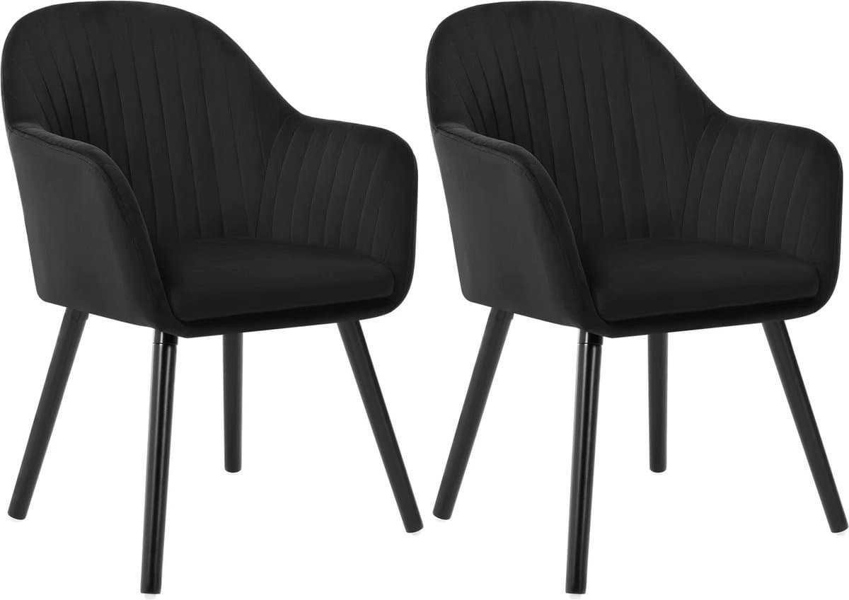 Set van 2 Fluwelen Eetkamerstoelen met Armleuningen – Ergonomische Gestoffeerde Keukenstoelen – Comfortabele Stoelen voor Woonkamer of Restaurant - Velvet Zwart