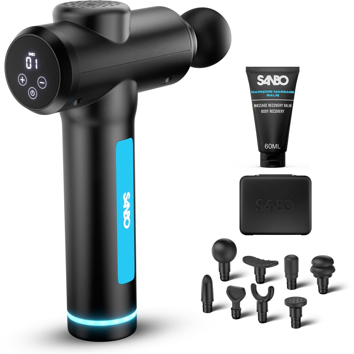 Sanbo Massage Gun Professioneel Gen 4 - Incl. Massage Balsem - 30 Intensiteitsstanden en 8 opzetstukken - Massage Apparaat - Massageapparaat Massagegun - Massage Pistool - Zwart