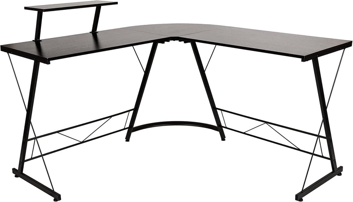 Ruimtebesparend Hoekbureau Zwart L-vormig Bureau met Monitorplank voor Thuiswerk en Gaming