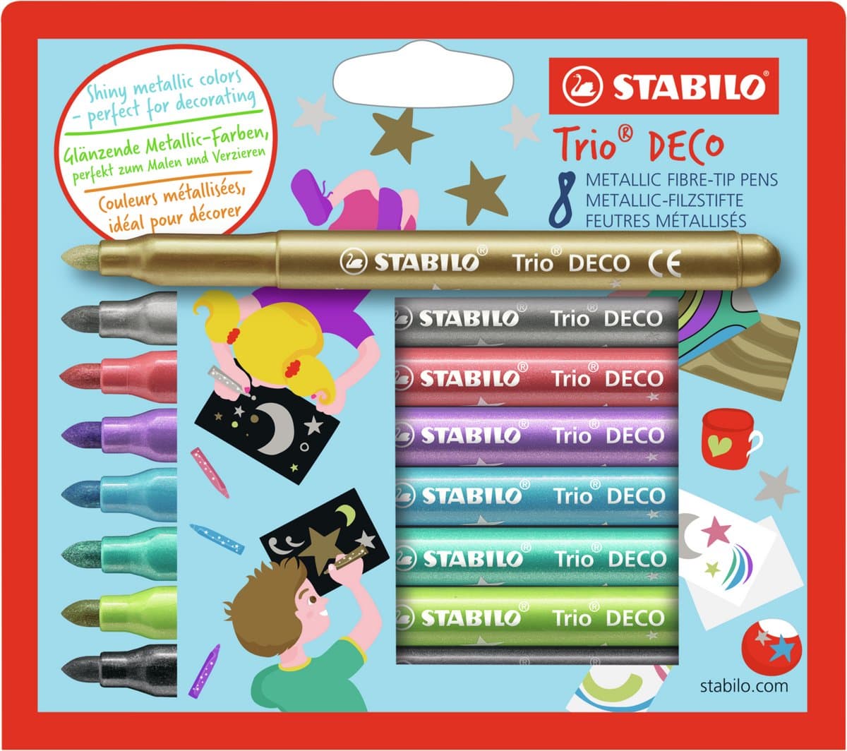 STABILO Trio DECO - Metallic Viltstift - Met Extra Dikke Punt 3,0 mm - Etui Met 8 Kleuren