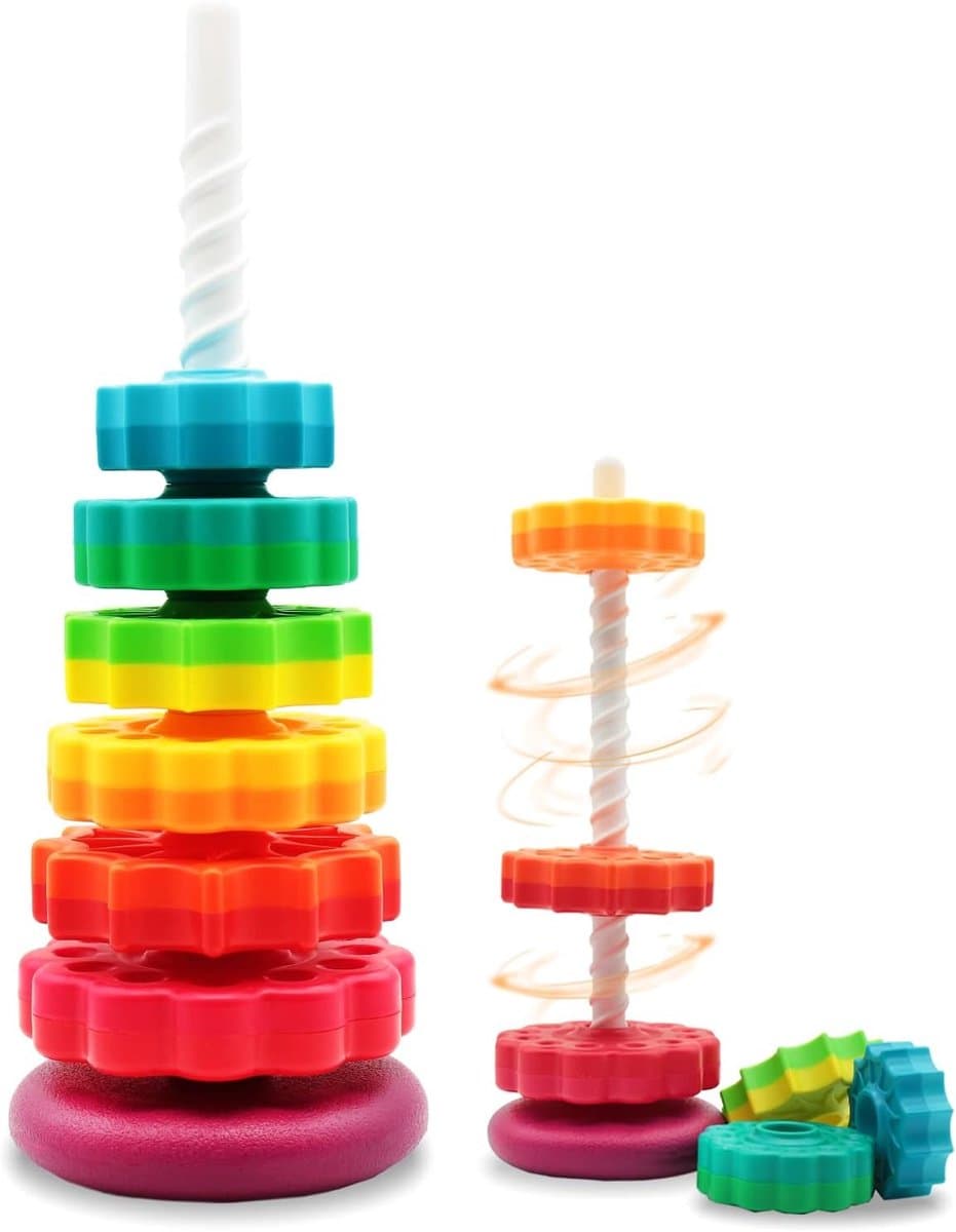 Regenboog Spinning Tower - 6 Kleurrijke Draaischijven - Interactief Stapelspeelgoed - Montessori Sensomotorisch - Baby & Peuter 1-3 Jaar