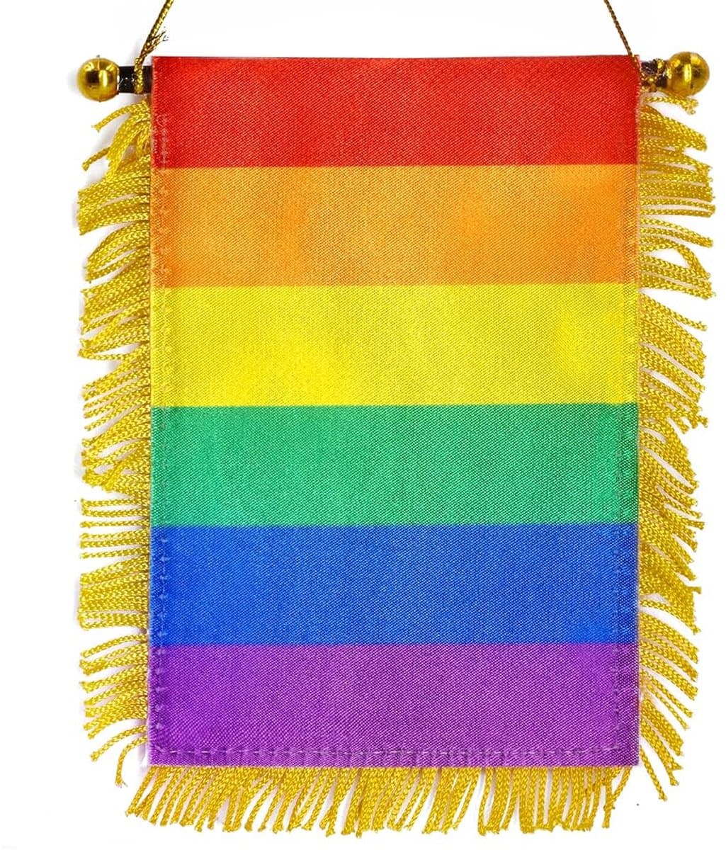 Mini Regenboog Vlaggetje met Gouden Rand – 1 Stuks – Pride Decoratie – Mini Banner – 11x16 cm