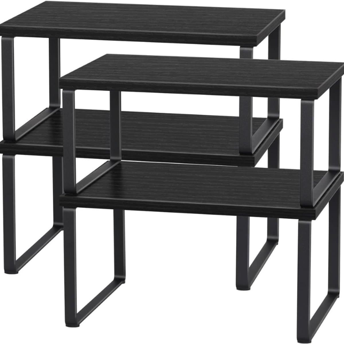 Set Van 4 Stapelbare Aanrechtrekken – Houten Opbergrekken – Uitbreidbare Kastplanken – Countertop Organizer – Industrieel Zwart