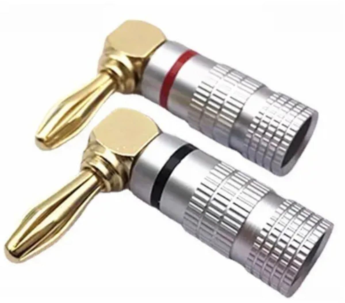 Haakse Banaanstekker – Banaanplug – Speakerstekker – Luidsprekerplug 24K Verguld – Set van 2 stuks (Rood/Zwart)