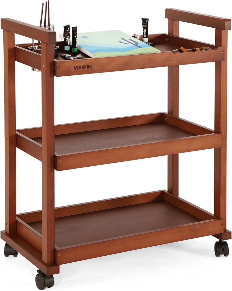 Opberg-organizer van massief beukenhout, 3-laags rol-utility-studio-tablet met wielen, multifunctionele opbergwagen walnoot