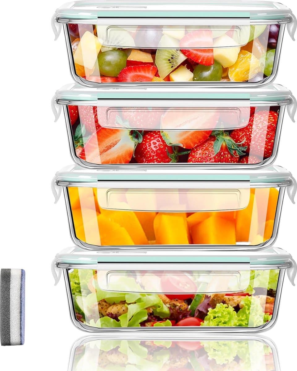 4 x 1040 ml glazen voedselopslagcontainers met deksel en 1 reinigingsspons, voorraadpotten met deksel, voedselcontainers, herbruikbaar, voedselopslagcontainerset, voor magnetron, vriezer, vaatwasser