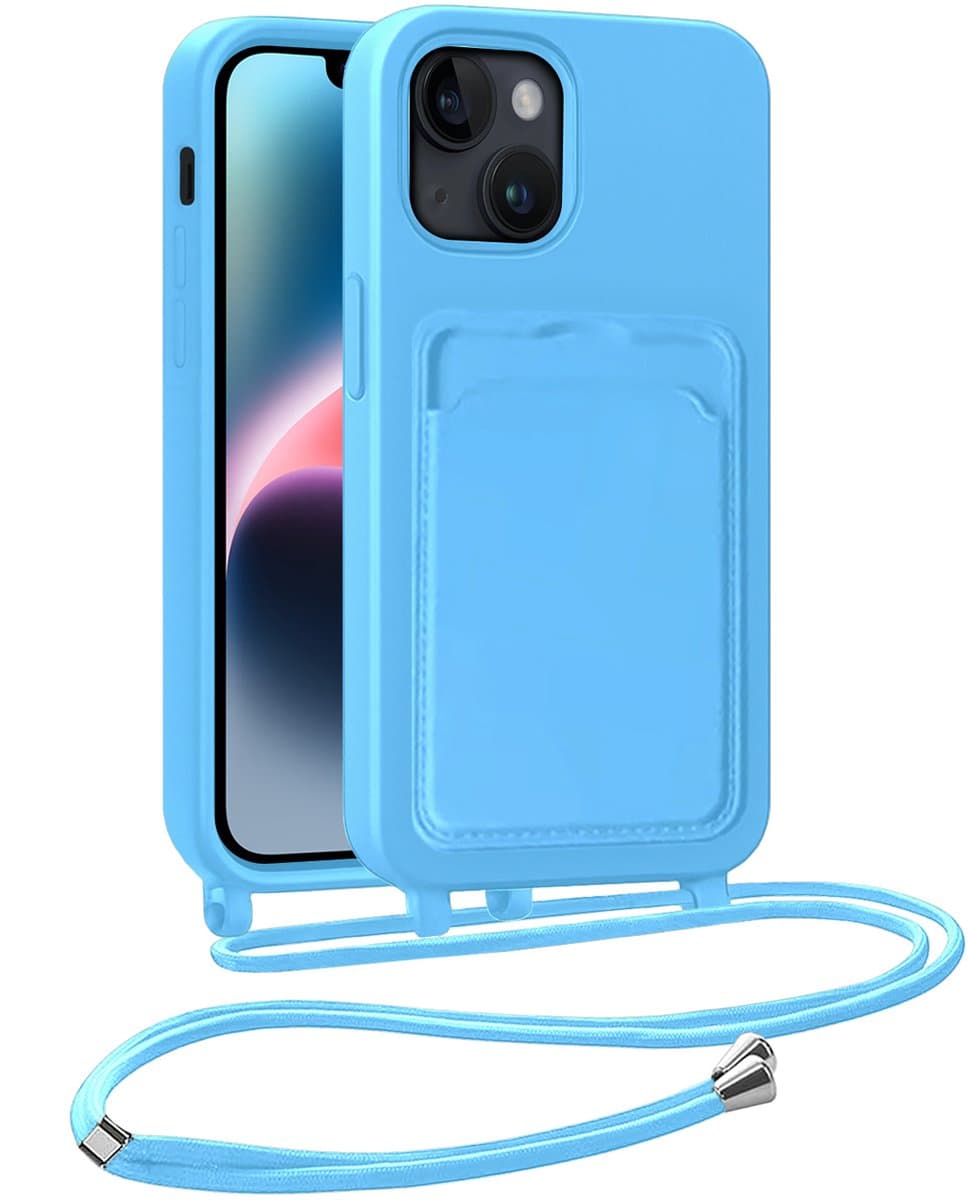 Hoesje Geschikt voor iPhone 13 Telefoonhoesje Met Koord Case Pashouder Siliconen - Hoes Geschikt voor iPhone 13 Hoesje Met Kaarthouder - Lichtblauw