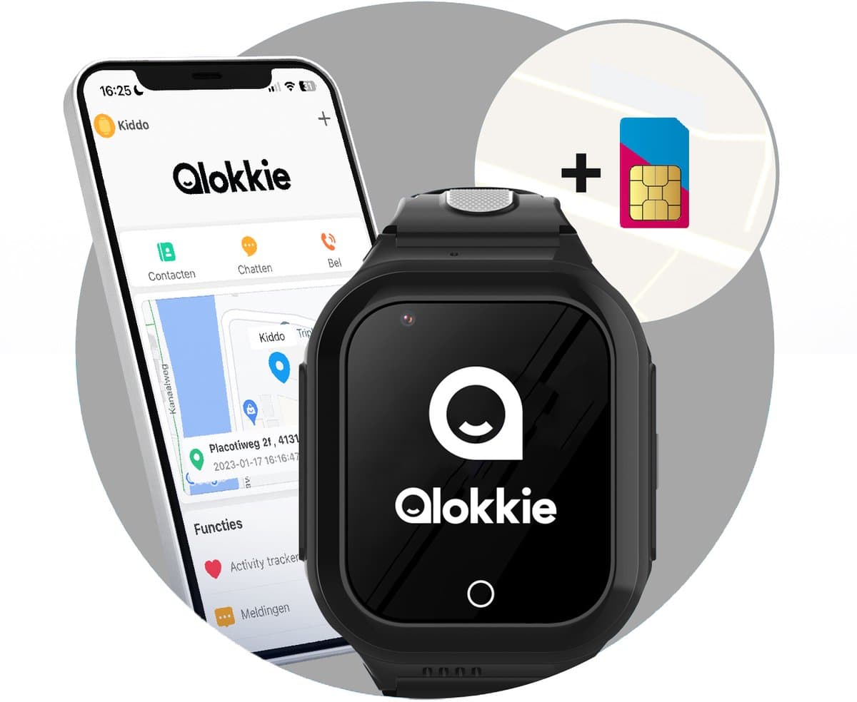 Qlokkie Kiddo GO - GPS horloge kind - Smartwatch kinderen - GPS tracker kind met nauwkeurige locatiebepaling - GPS horloge kind met simkaart - Stel veilige zones in - SOS functie - Whatsapp - Zwart