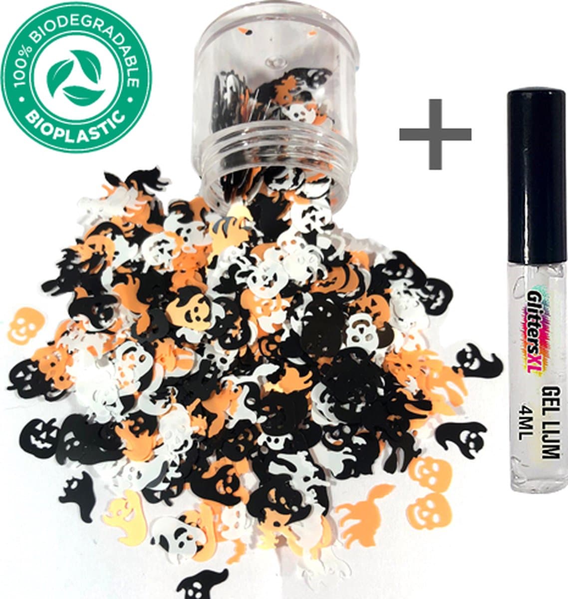 Halloween Decoratie Chunky Glitters (Figuurtjes Zwart/Oranje) (Volume 8g) + Glitter Huid Lijm [outfit versiering kostuum kinderen volwassenen - schotwond hechting scar heks bloed zombie wond mes spin clown - Biologisch Afbreekbaar Eco]