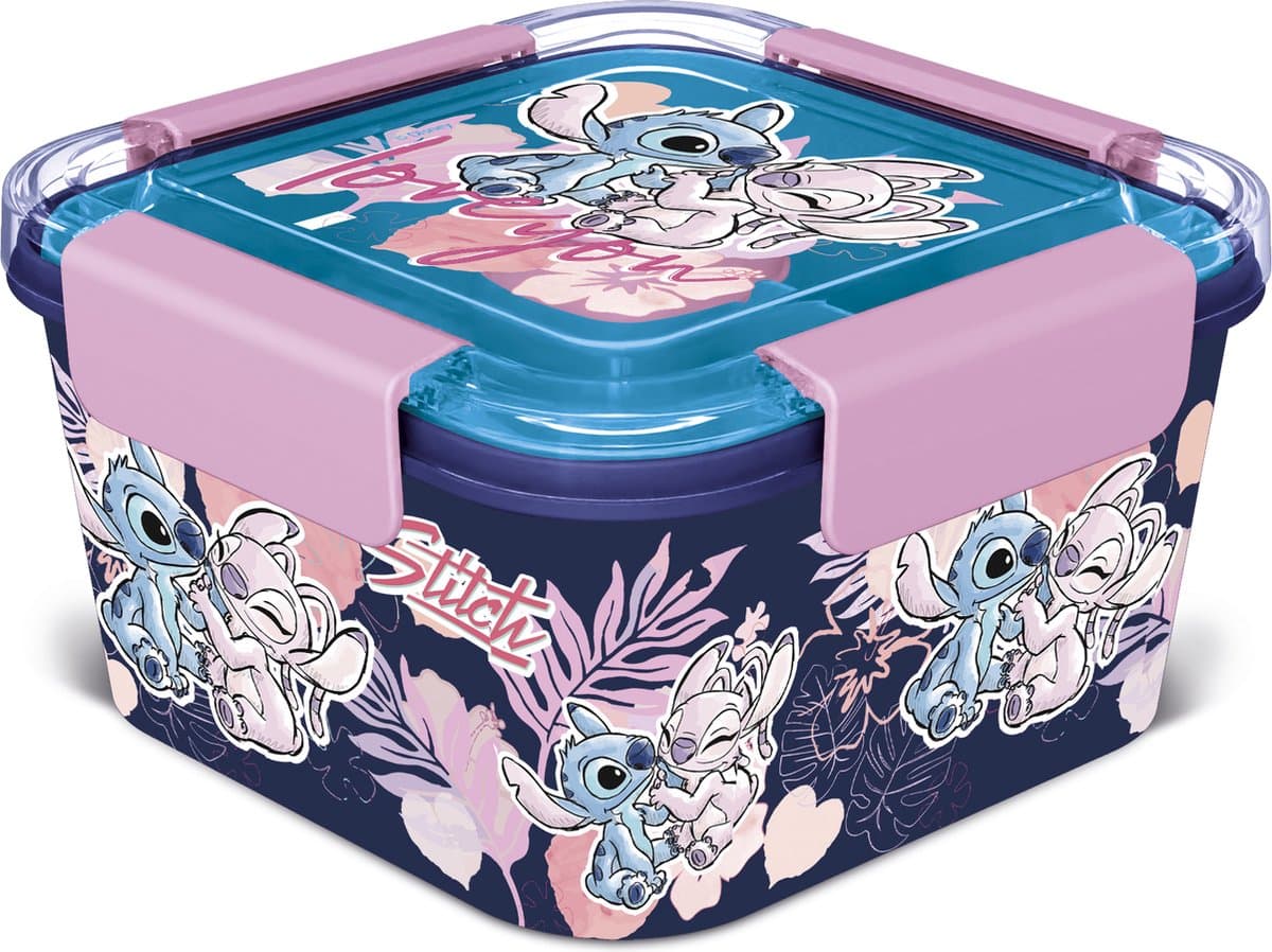 Stitch - lunchbox - broodtrommel - 4 vakken - vier afsluitklemmen - vierkant formaat
