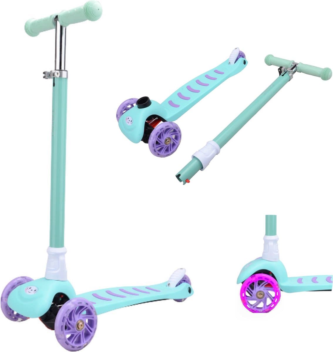 Cabino Kinderstep Met 3 Wielen Inklapbaar & Lichtgevende Wielen (Vanaf 3 Jaar) - Blauw / Paars