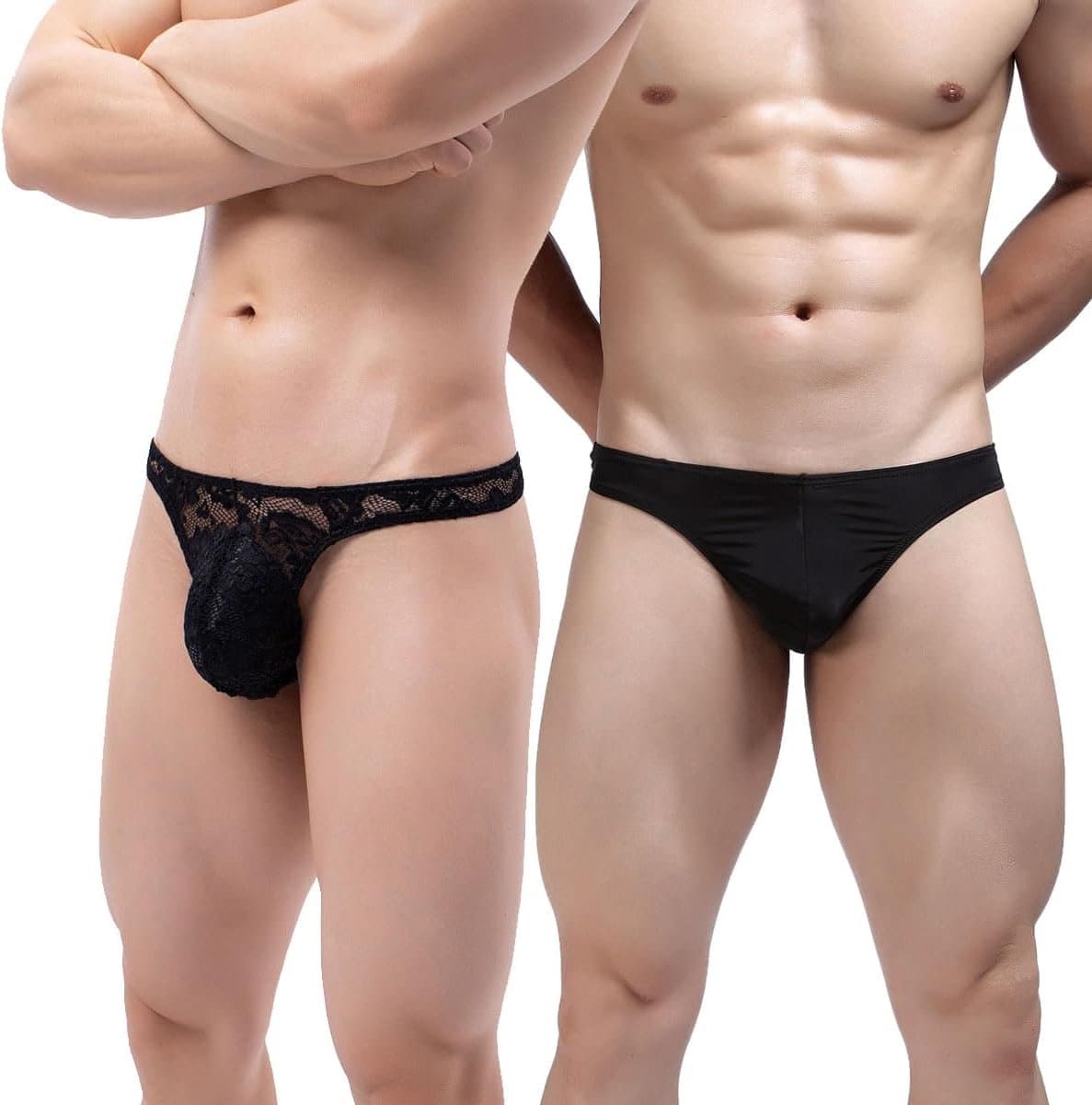 String en tanga heren slip g-string tanga mannelijk string sexy kant ondergoed lage taille elastische mankini heren 2 stuks zwart (A + B )-01, eenheidsmaat, Zwart, One size