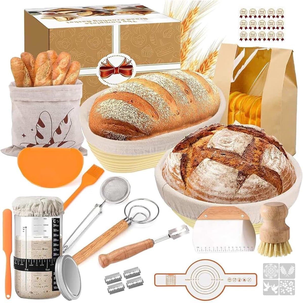 Rijsmand voor brood met deegschraper, deegschraper en zuurdeegborstel voor beginners en ervaren