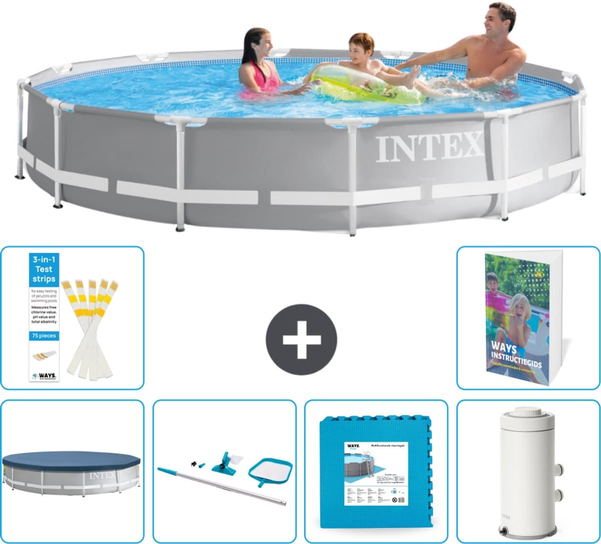 Intex Rond Prism Frame Zwembad - 366 x 76 cm - Grijs - Inclusief Afdekzeil - Schoonmaakset - Vloertegels - Zwembadfilterpomp - 7-delig