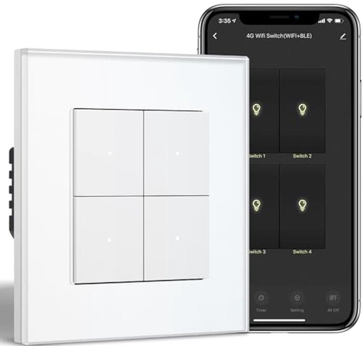 Slimme Lichtschakelaar met Glazen Paneel, 4 Voudig, WIFI Knopschakelaar, Compatibel met Alexa en Google Home