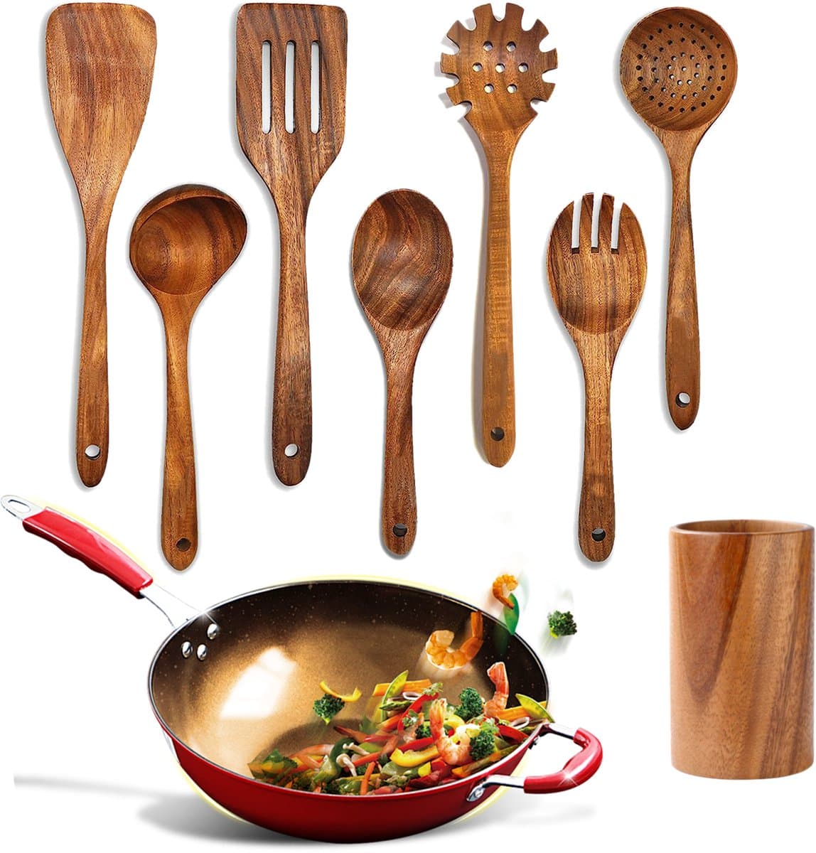 OKWISH Keukengerei-sets - Kookgerei Set 7-Delig - Met Duurzame Houten Keukengerei Voor Anti-Aanbakpannen En Spatel En Lepel Set - Hout - Natuurlijke Houtkleur