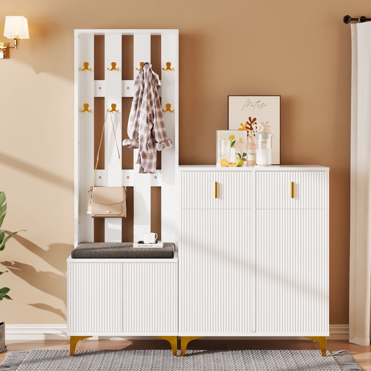 Halkasten - 130x45x50 cm - Garderobenset Met Schoenbank, Kussen, Fronthaken, Schoenenschrank Met Laden En Deuren - Hout - Wit/Natuurlijk