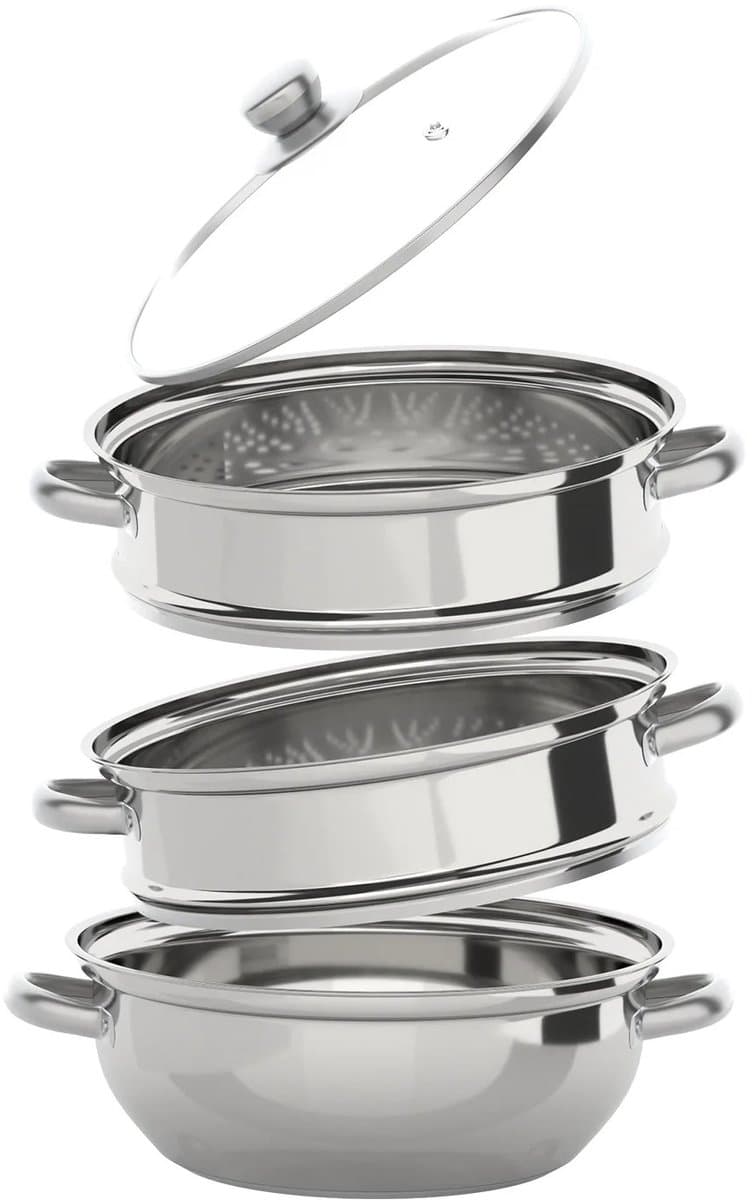 Roestvrijstalen Stoomboot - 28 cm - 3 Laags - Multifunctioneel - Gestoomde Gerechten - Stoomboot voor Koken - Glazen Deksel - Stomer - Zilver