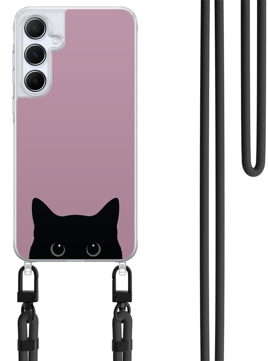 Hoesje met koord geschikt voor Samsung Galaxy A15 - Zwarte kat - Inclusief Zwart koord - Crossbody beschermhoes - Transparant, Roze - Mooie Telefoonhoesjes