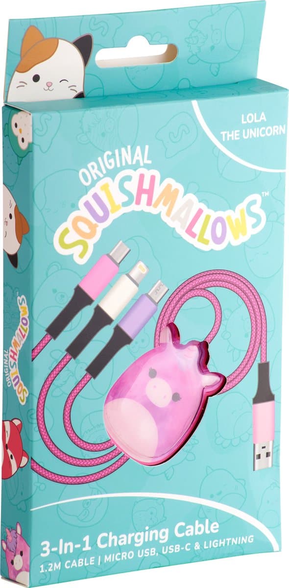 Squishmallows - Lola - 3-in-1 oplaadkabel - 1,2m - USB-C - Lightning - Mini-USB
