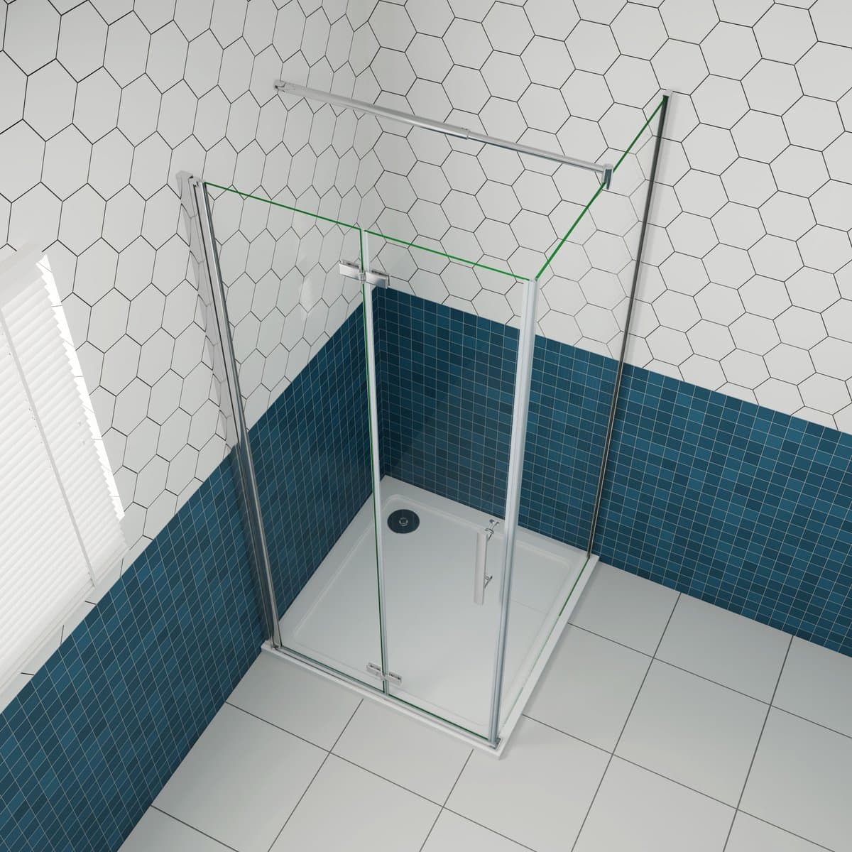 B:100xD:100xH:195cm Douchecabine, draaideur + zijpanelen 6mm NANO EasyClean veiligheidsglas, met Stabilisatiestang 70-120cm (verstelbaar), profiel van glanzend chroom.