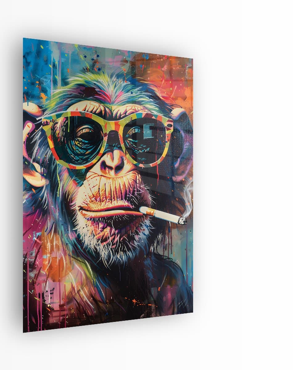 Indoorart - Glasschilderij Streetart Monkey 60x90 CM - Afbeelding op plexiglas - Inclusief montagemateriaal